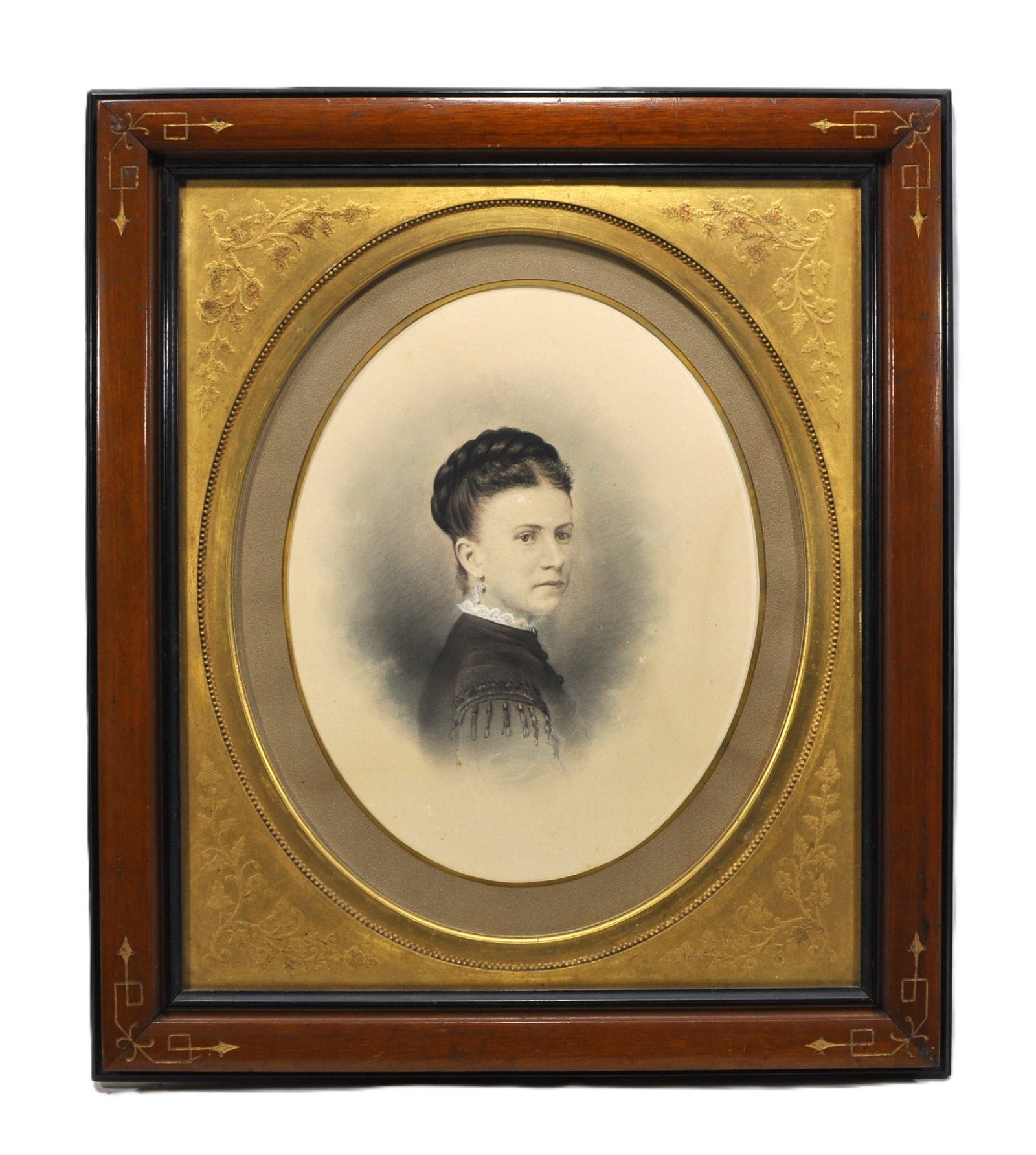 19th C. Portrait of a Lady, Signed Roberts, with Provenance: Finely executed 19th century portrait of a lady, signed lower margin Roberts. The sitter, elegantly posed in three-quarter profile, is rendered with remarkable attention to detail in her coiffure, jew