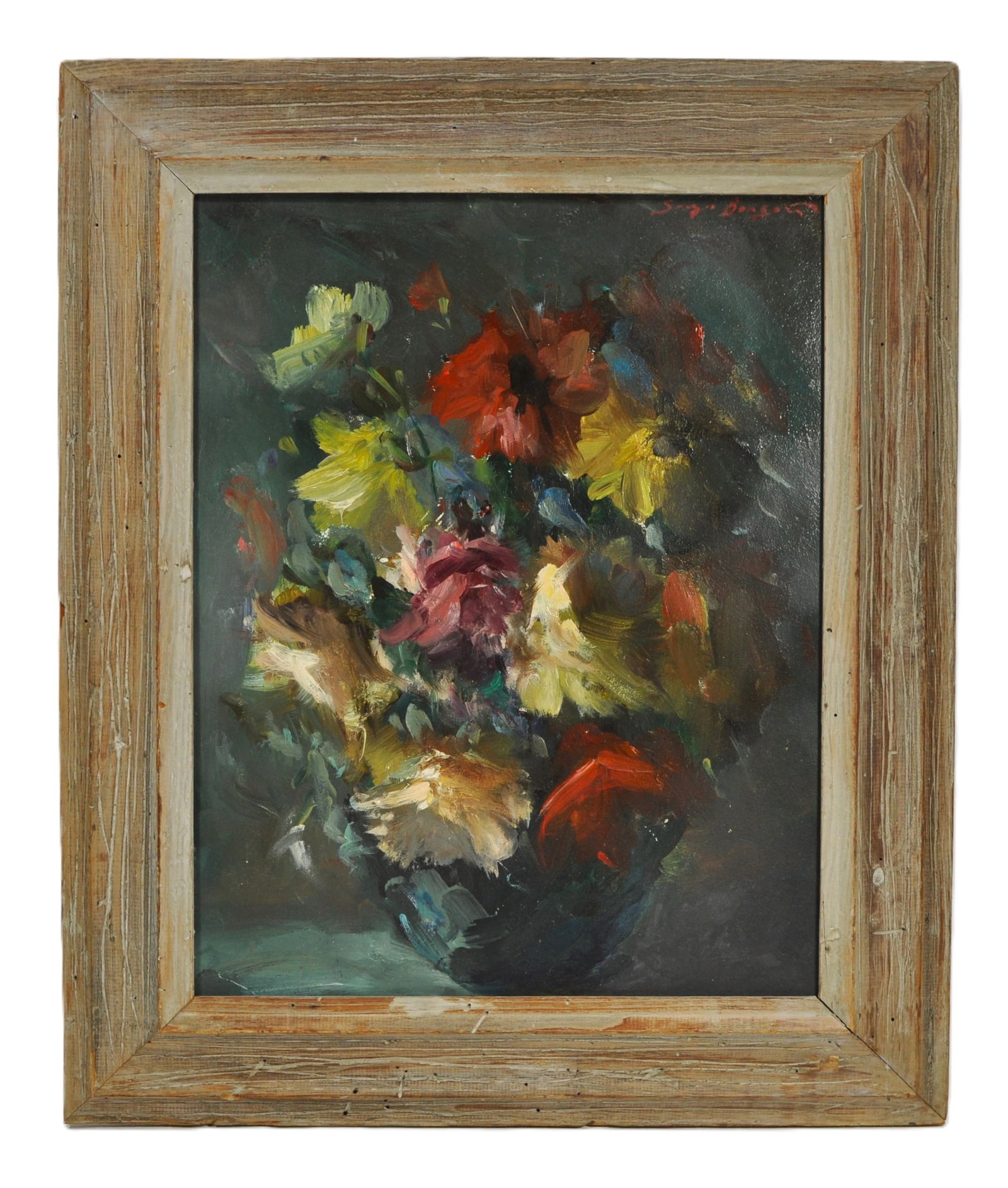 SERGEI BONGART(1918-1985), Flower Still Life Oil Painting: Expressive floral still life on Masonite by noted Ukrainian-American artist Sergei Bongart (1918–1985), rendered in bold impasto strokes and vivid color. The composition features a lush bouquet in a