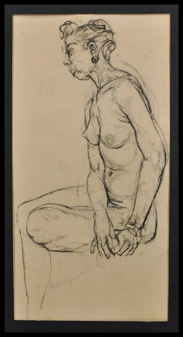 Antique Double-Sided Drawing Of Female Nude: Antique original double-sided charcoal figure study drawing, illegibly signed lower left "Elmer?". Matted, unframed. Measures 20" x 12.75", overall 23" x 15".