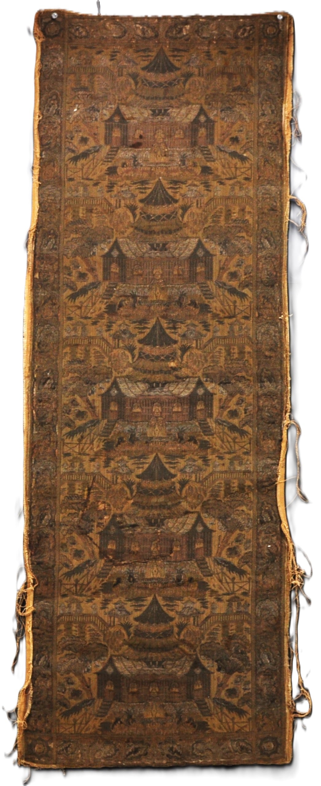 Antique Chinese Silk Brocade Panel with Garden Pavilion Scene (1 of 5)