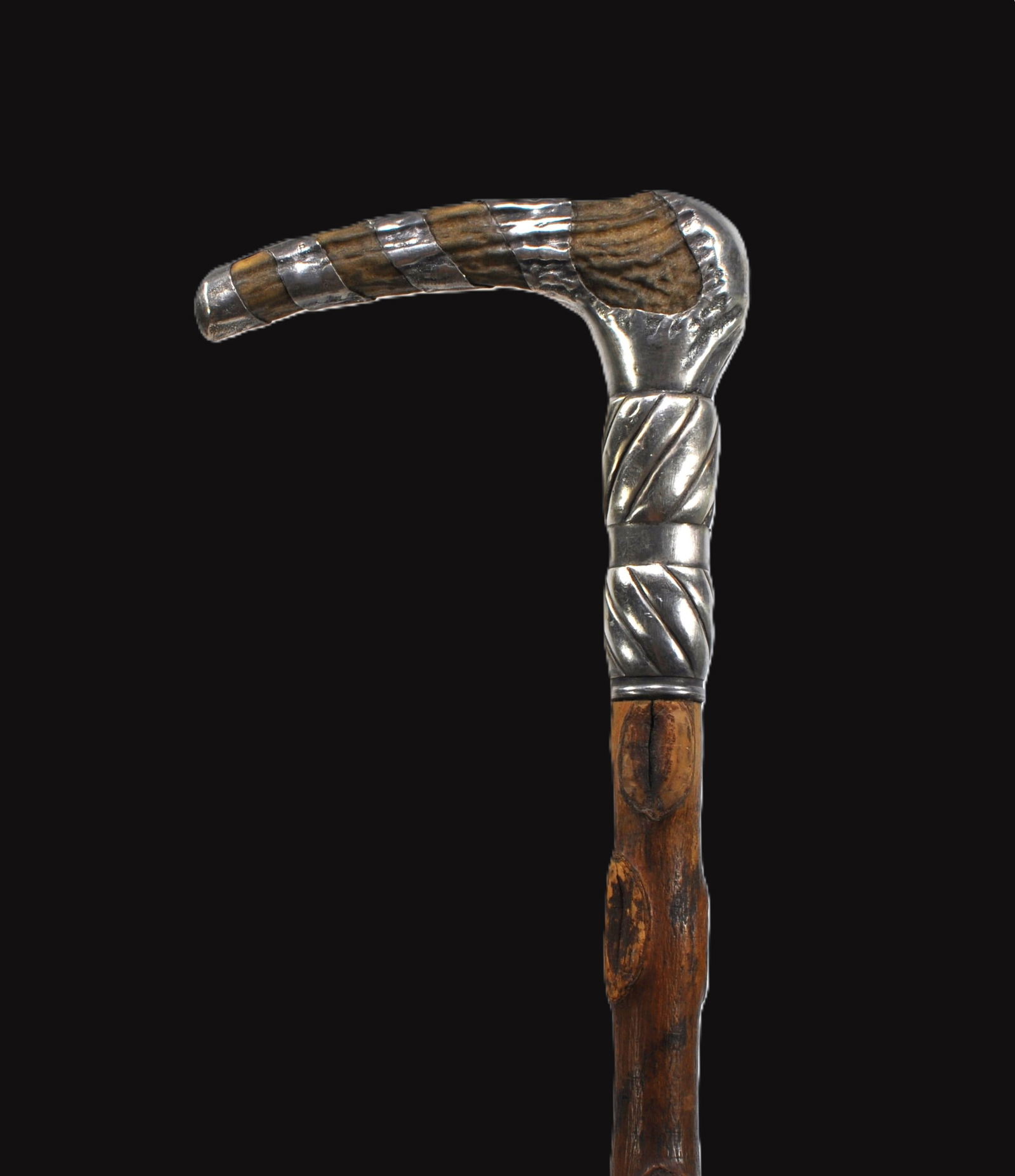 Antique Folk Art Walking Stick – Wood Cane w/ Hand-Hammered Sterling Inlay Handle (1 of 5)