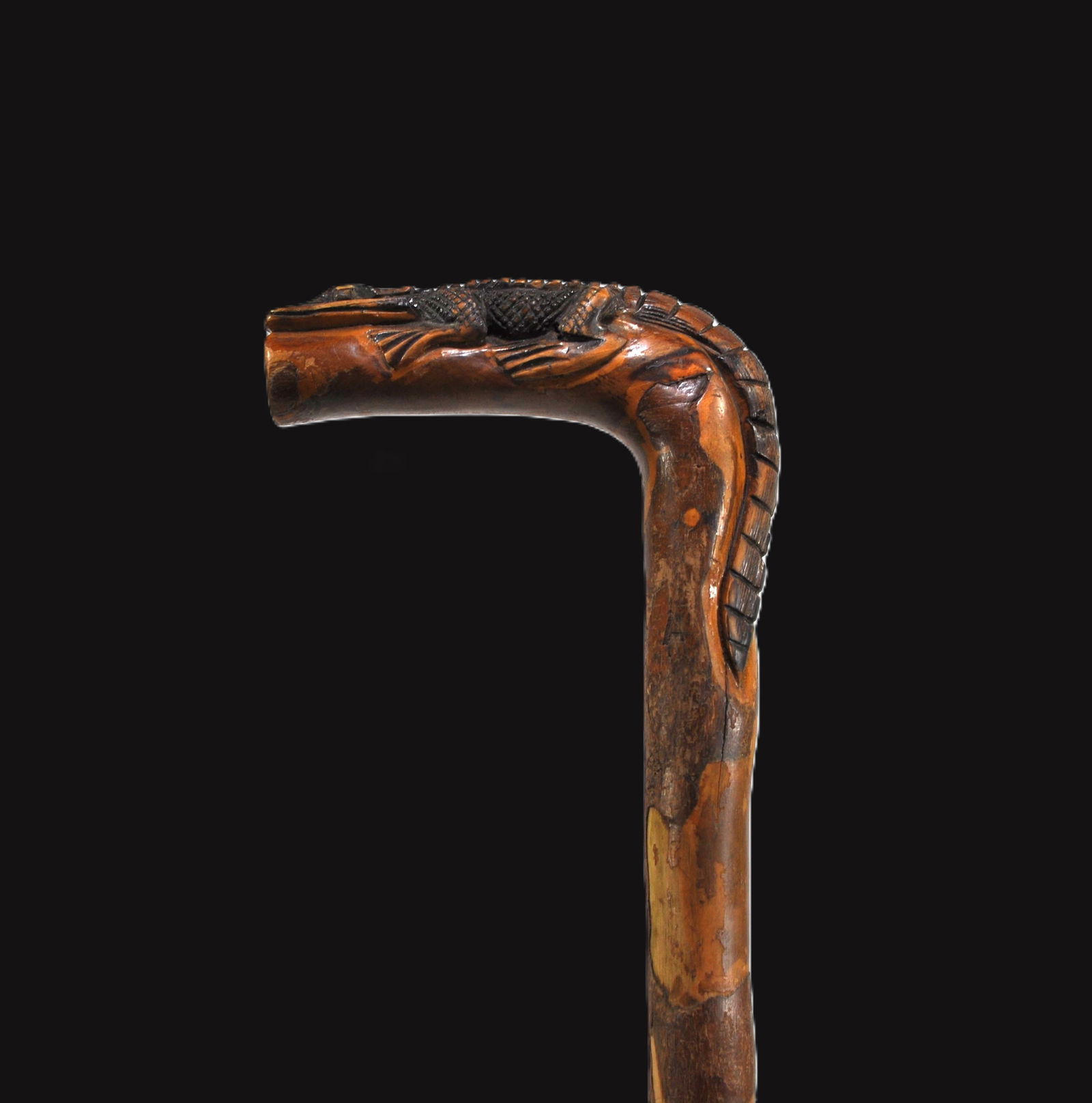 Vintage Folk Art Walking Cane with Carved Alligator Handle (1 of 5)