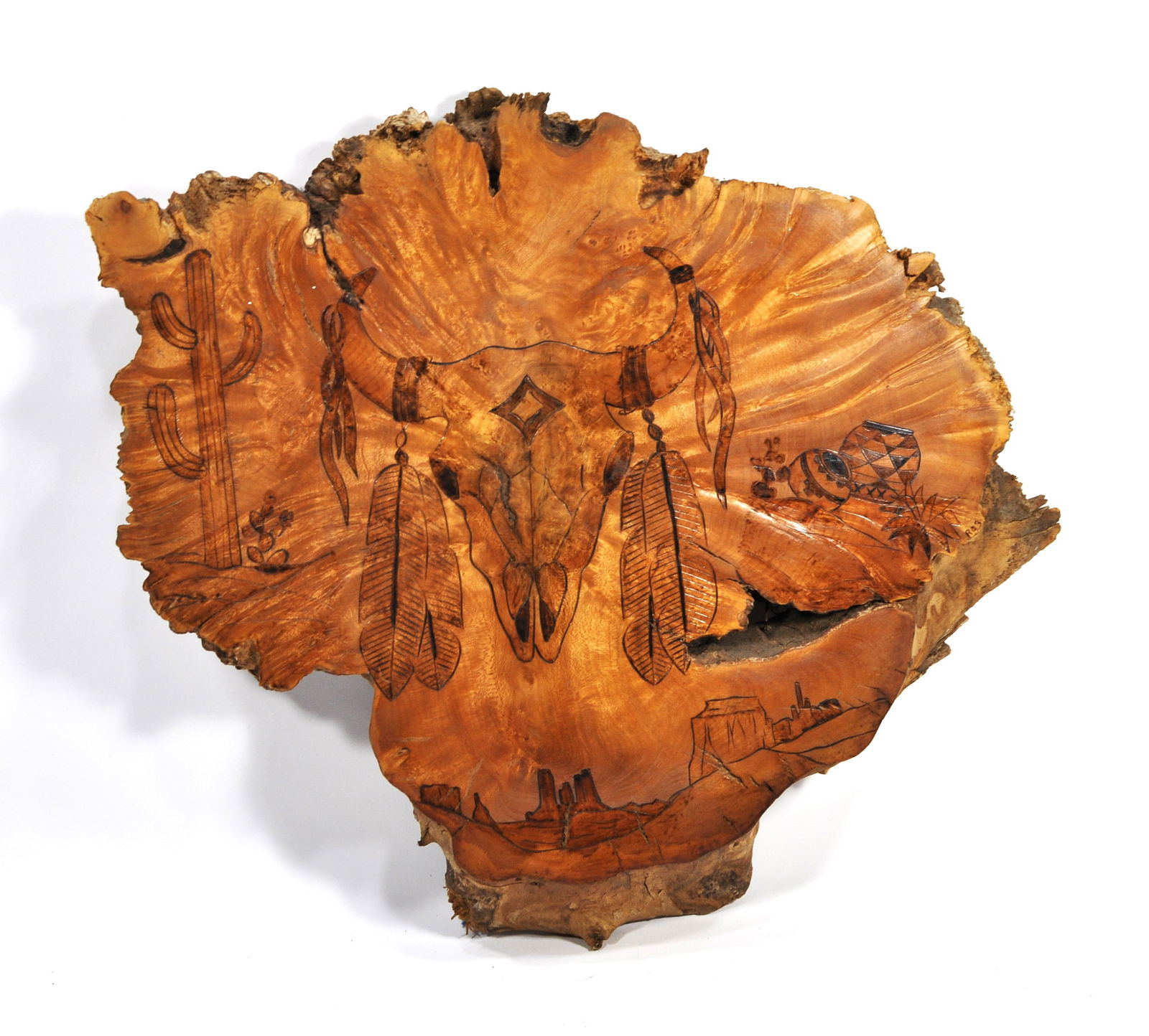 Southwestern Pyrography Art on Natural Burl Slab – Buffalo Skull & Desert Scene (1 of 4)