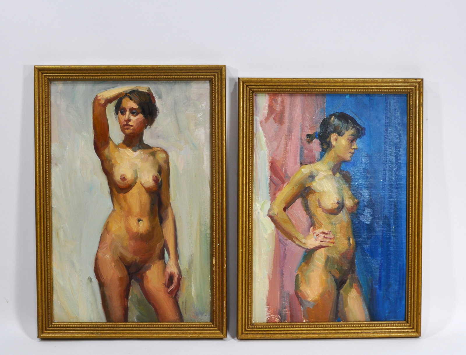 Aleksandr Ivanovich Vovk (1922-2004) Ukrainian, Tanya and Olya Pair of Paintings: A delightful pair of academic-style female nude oil paintings by Ukrainian artist A. Vovk, each signed and titled on verso. Painted in a rich, impressionistic palette, both portraits capture the femal