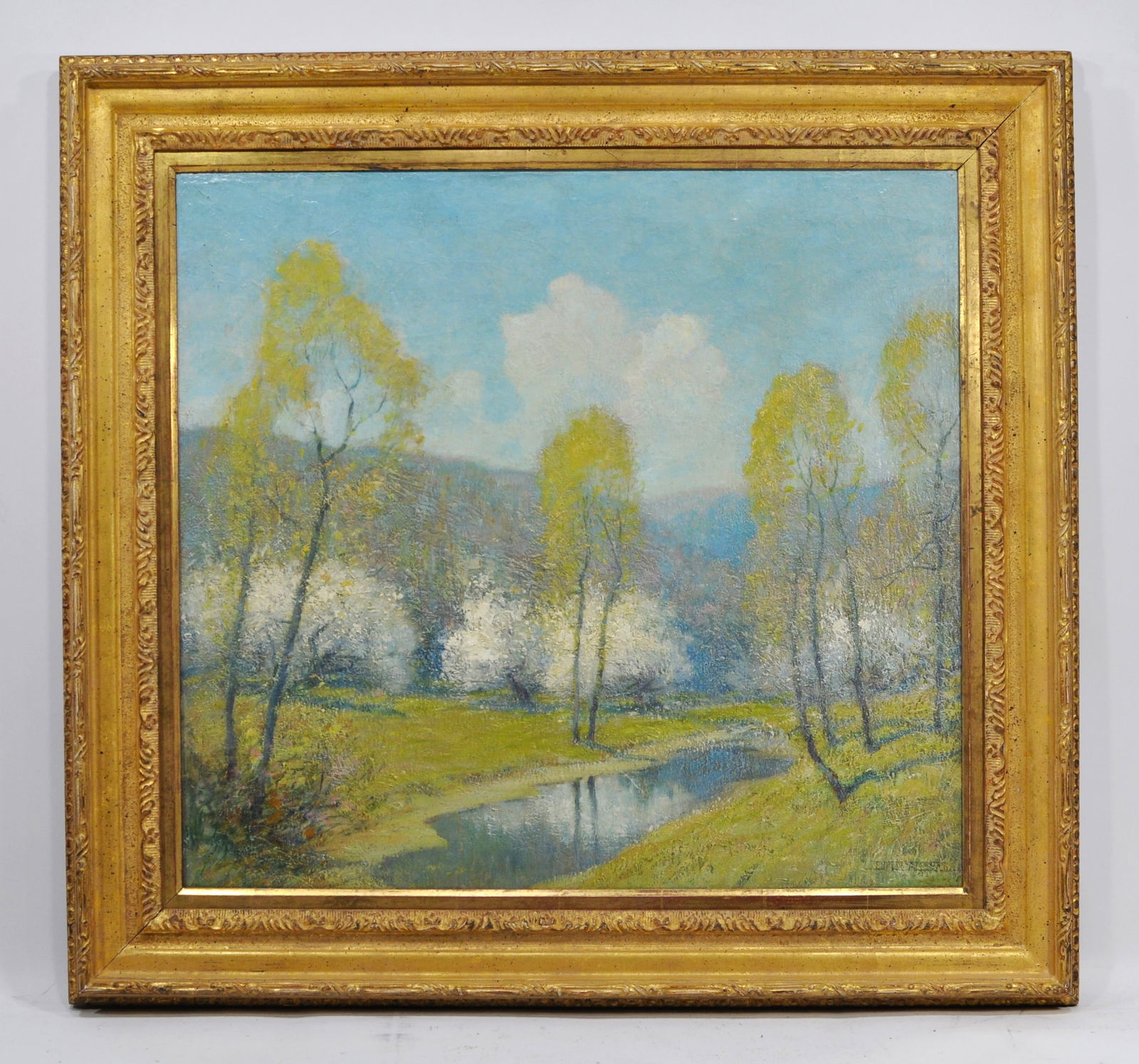 Ernest Albert (1857–1946) Meadow Orchard – Oil on Canvas: Ernest Albert (New York, Connecticut, 1857 - 1946).Beautiful landscape painting by American artist Ernest Albert, A.N.A., titled Meadow Orchard. Depicts a serene spring scene with blossoming trees, sl