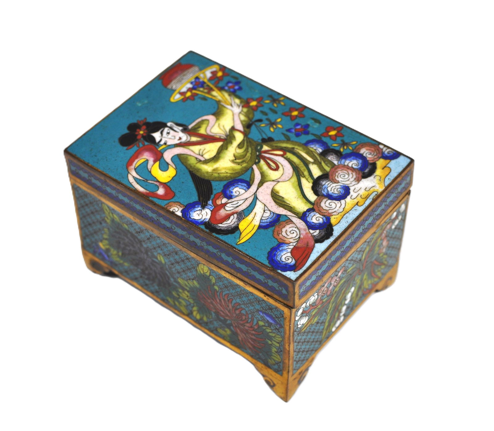 Late Qing / Early Republic Chinese Cloisonné Enamel Box with Immortal Figure & Floral Decoration (1 of 6)