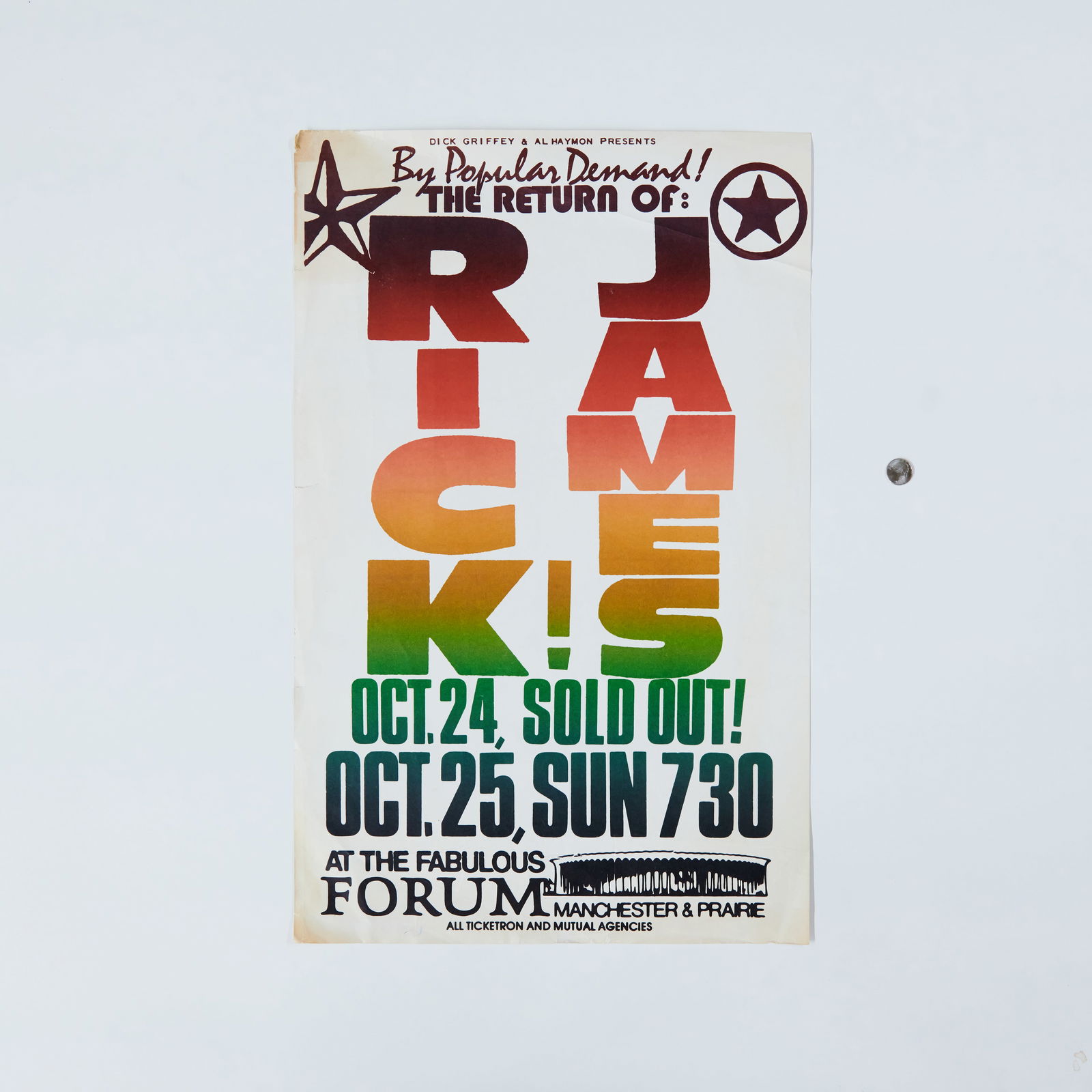 The Return Of Rick James Original Concert Poster: The Return Of Rick James rare original concert poster, Forum, Los Angeles, attributed to WEDO, Los Angeles, 1982. 28.5" x 18". This striking poster is executed in his signature style of descending all