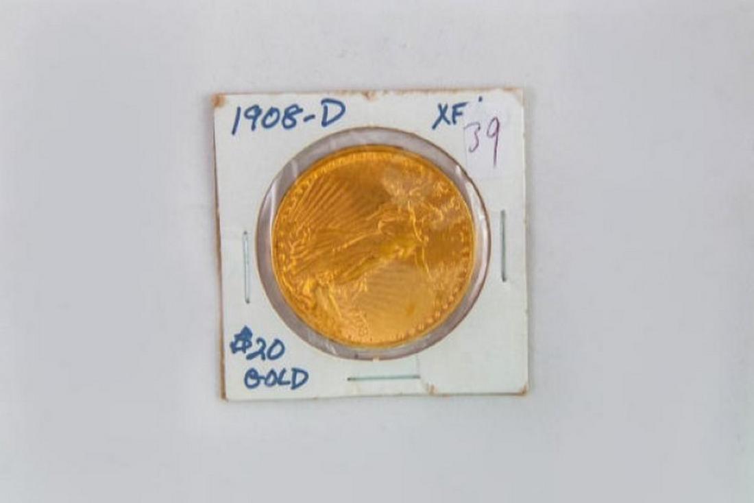 $20.00 Gold: 1908D, AU. Estimate $1100 - $1300 (1 of 2)