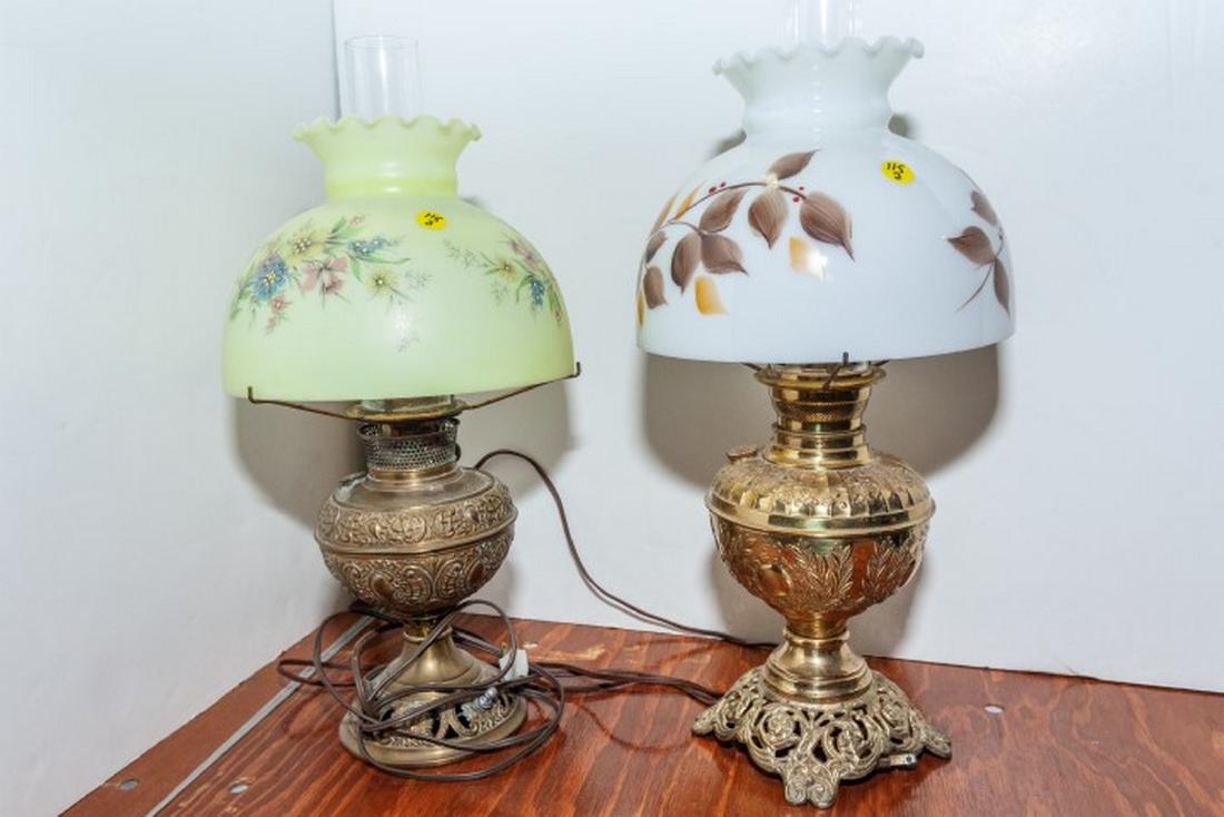 2 Brass Gone With the Wind Style Lamps with Painted: 2 Brass Gone With the Wind Style Lamps with Painted Shades