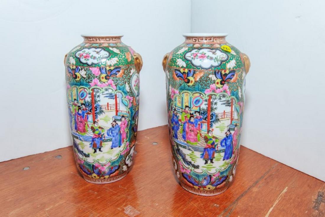 Pair Rose Medallion Vases. 12" H (1 of 4)