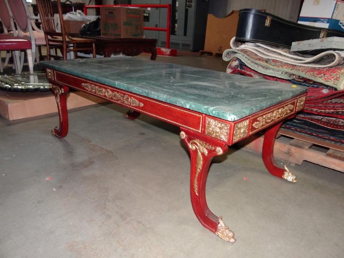 Duncan Phyfe Style Mahogany Coffee Table with Marble: Duncan Phyfe Style Mahogany Coffee Table with Marble Top and Gilt Trim
