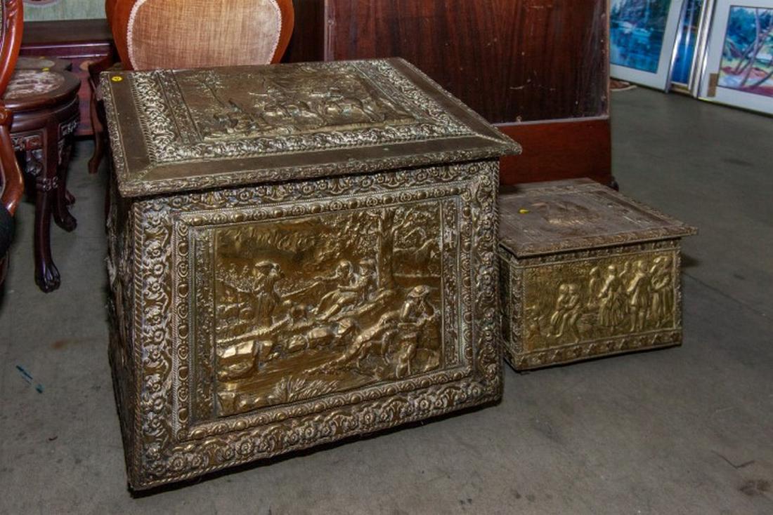 2 Brass Firewood Boxes. Relief Hammered (1 of 2)