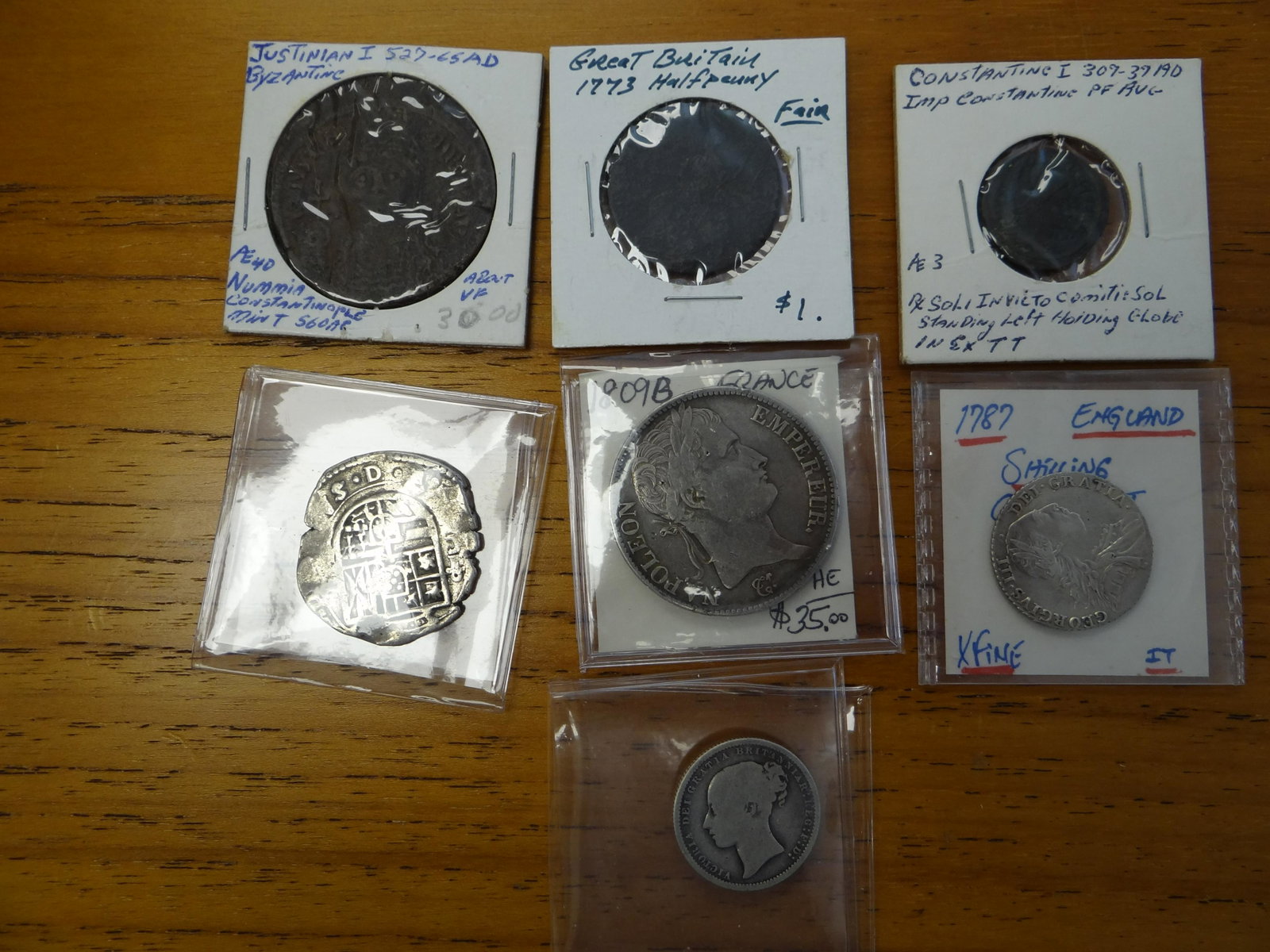 World coins: Byzantine: (2) coppers, France: 1807B 5: World coins: Byzantine: (2) coppers, France: 1807B 5 Francs, Great Britain: 1773 ½ Penny, 1239-1307 Edward I Penny & 1787 & 1870 Shilling, Mexico: 1793 Real, El Cazador wreck & 4 Reales Cob