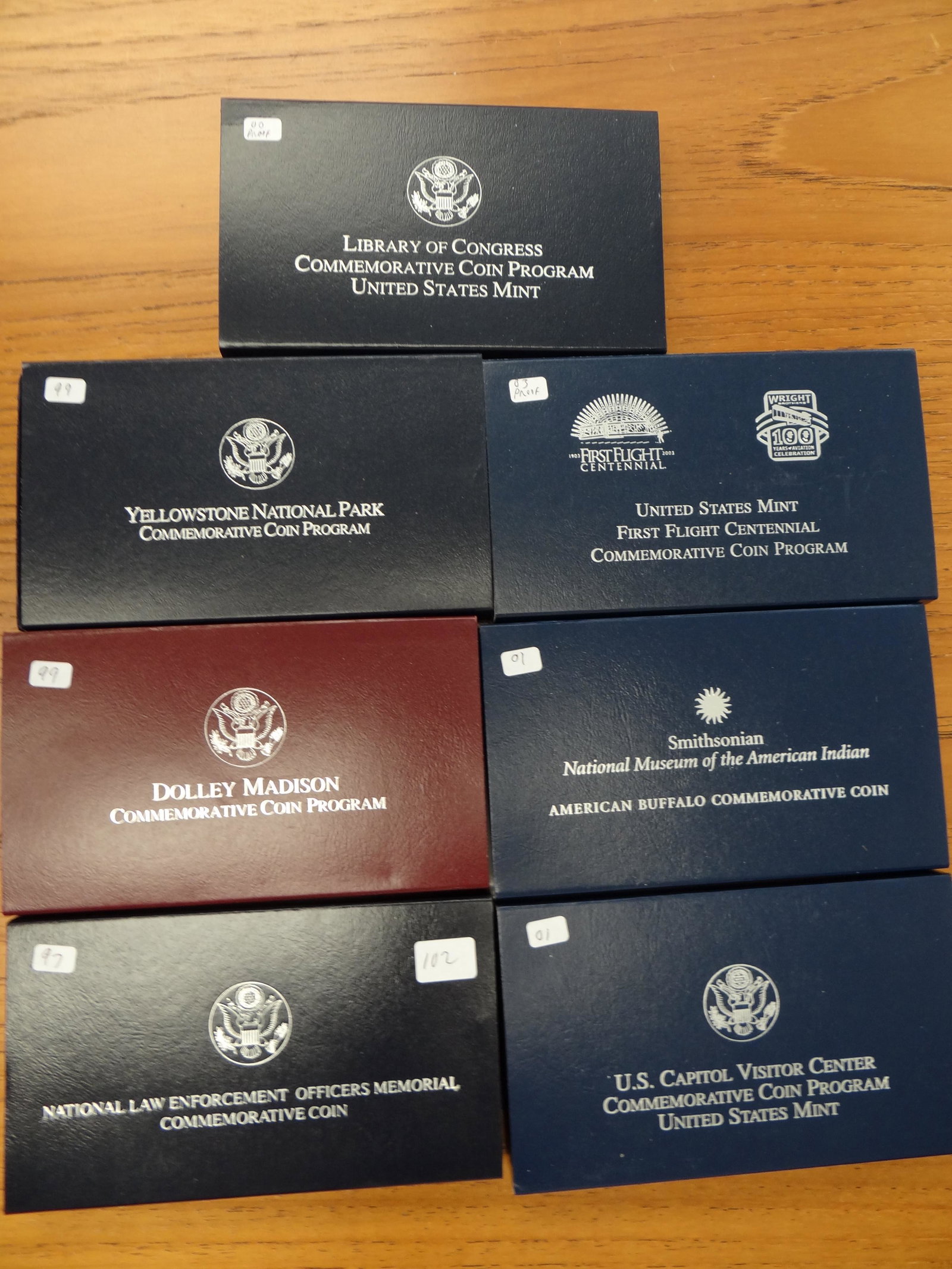 Modern Commemorative $1.00, Proof 1997 Law Enforcement,: Modern Commemorative $1.00, Proof 1997 Law Enforcement, 1999 Dolley Madison & Yellowstone, 2000 Library of Congress, 2001 Buffalo & Capitol Visitors Center & 2003 First Flight (7 pieces)