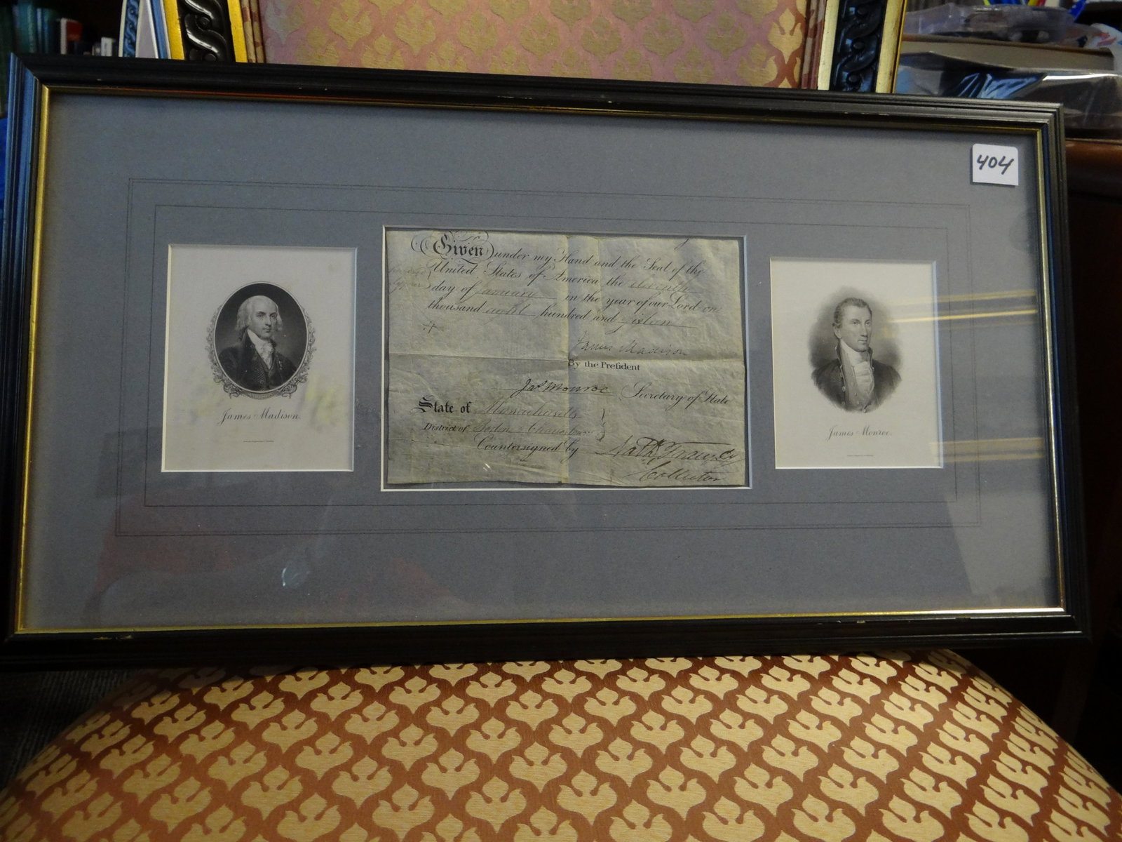 Framed James Madison January 11, 1816 Original Signed: Framed James Madison January 11, 1816 Original Signed Documents. Also Signed by James Monroe as Secretary of State of Massachusetts. 4th and 5th President Signatures. 5' x 7". Purchased at Goodspeed's