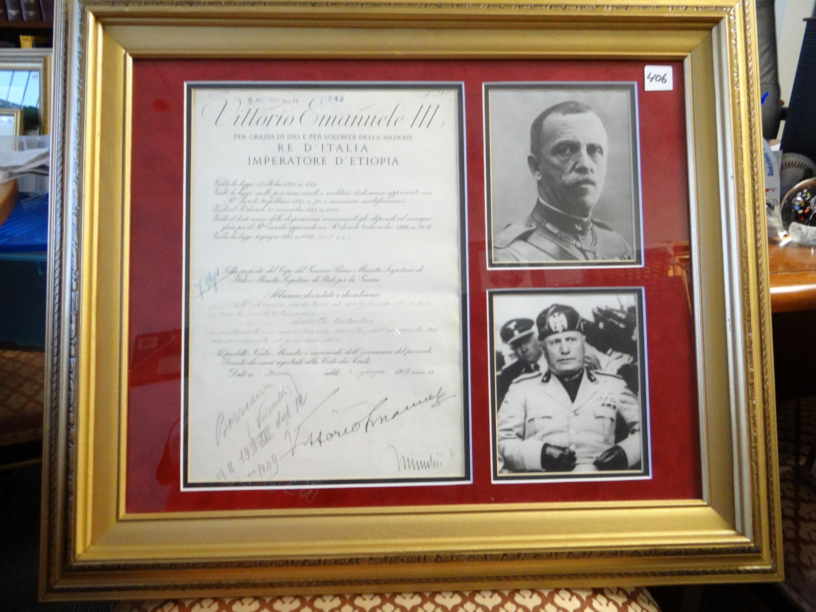 Framed Vittorio Emanuele III and Benito Mussolini: Framed Vittorio Emanuele III and Benito Mussolini Original Signed Government Italian Government Letter Dated June 3, 1937. Letter 13 1/2" x 9 1/4"