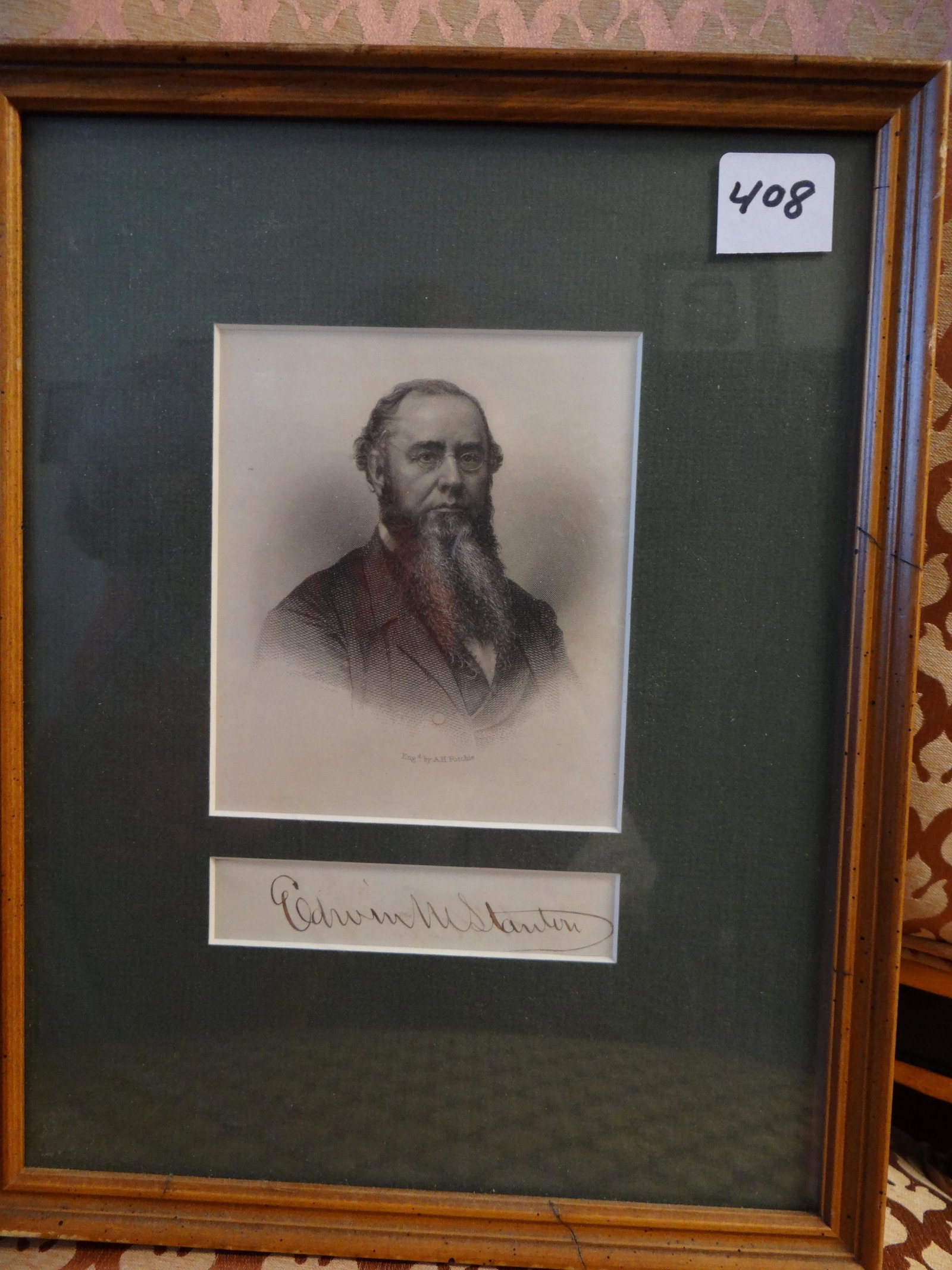 Framed Engraving of Edwin Stanton, U.S. Secretary of: Framed Engraving of Edwin Stanton, U.S. Secretary of War with Clipped Signature below. Engraving 4 1/2" x 4". Purchased at Goodspeed's Book Shop, Boston, MA.
