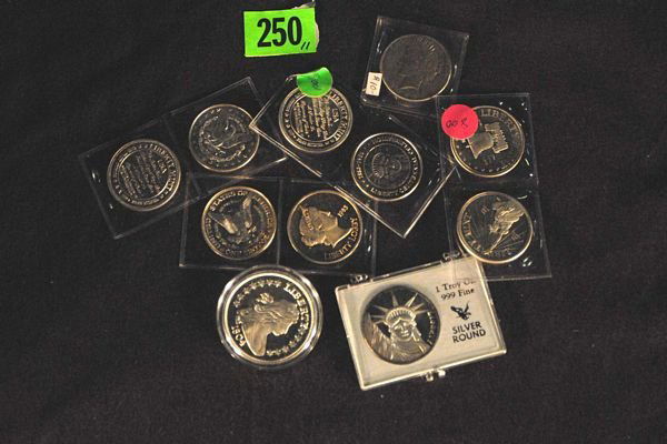 Silver Bullion Coins. 11 Pieces each one troy ounc: Silver Bullion Coins. 11 Pieces each one troy ounce. Including silver companies Liberty Mint Liberty Centennial Celebration Liberty Lobby. Eleven troy ounces 0.999 silver.