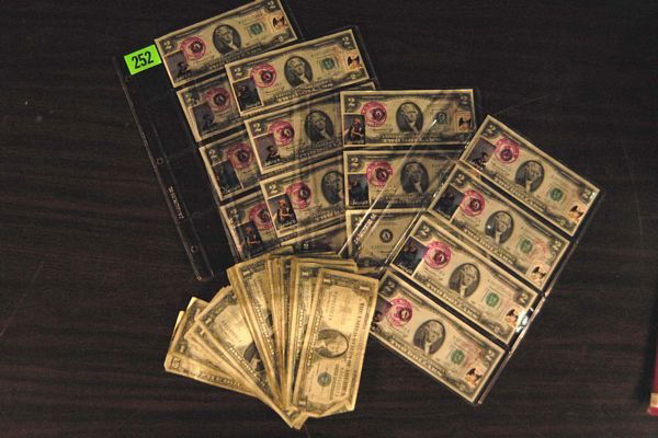 U.S. Currency. (1) 1934A Ten dollar Bill, Julian M: U.S. Currency. (1) 1934A Ten dollar Bill, Julian Morgan, ($15). (60) $1 Silver Certificates, ($60). (1) Five dollar Silver Certificate, ($5). (43) Two dollar bills with postmarks confirming first issu