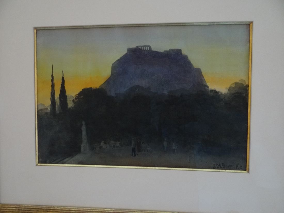 Johanna M. Boericke (American 1868-1949). Acropolis at: Johanna M. Boericke (American 1868-1949). Acropolis at Sunset. Watercolor. Sight 14 x 21". Signed L.R., J M Boericke. Gilt Frame.