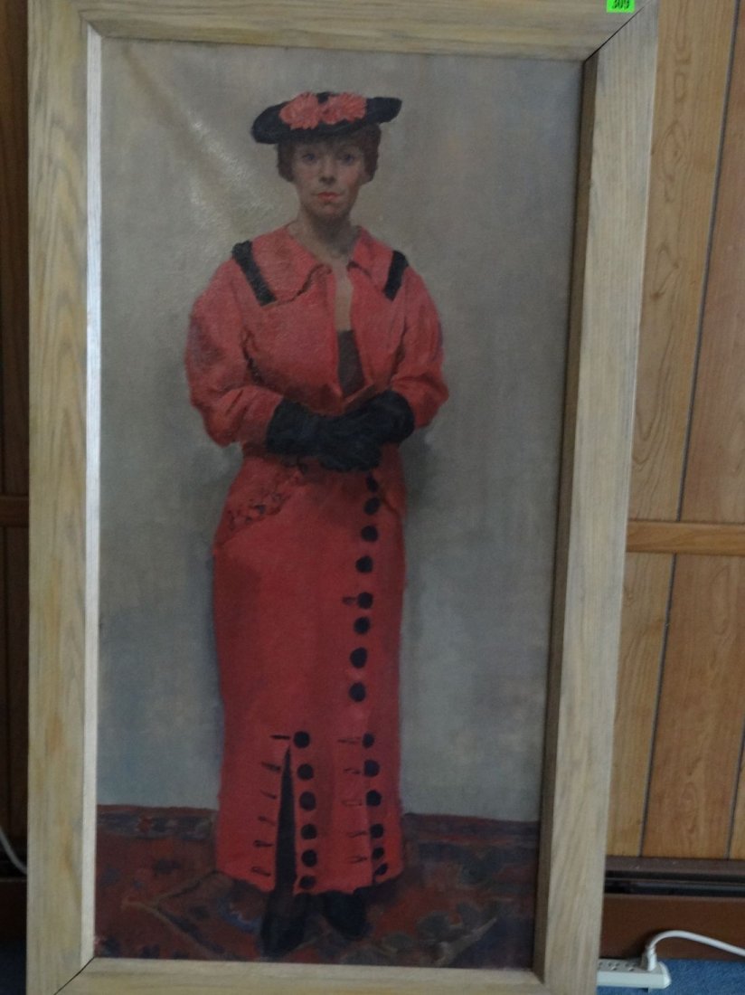 Kurt Sluizer (American 1911-1908). Standing Woman in: Kurt Sluizer (American 1911-1908). Standing Woman in Pink. Oil on Canvas. 55" x 27 3/4". Signed on Back of Canvas K Sluizer. Wood Frame.