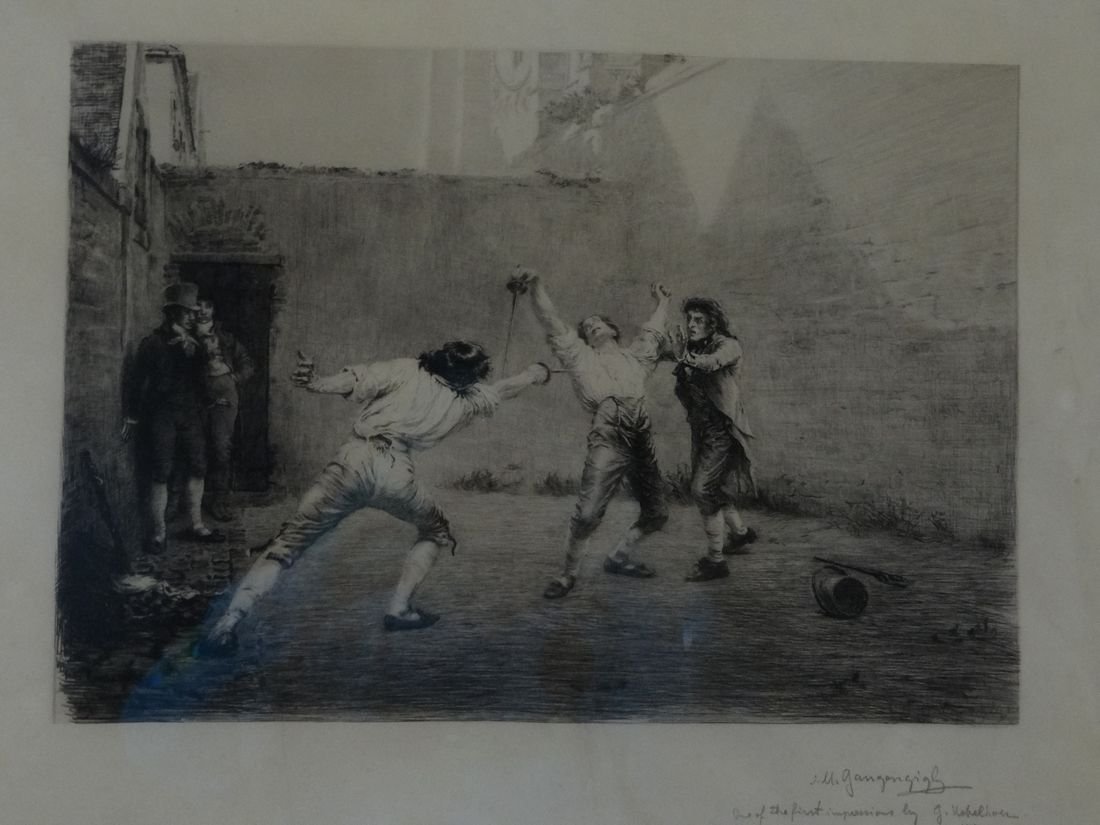 Ignaz Marcel Gaugengigl (German 1855 - 1932). The: Ignaz Marcel Gaugengigl (German 1855 - 1932). The fencing Duel. Etching Drypoint. Sight 15 1/4" x 19". Signed L.R., I M Gaugengigl One of the First Impressions by G. Wobelhoer 1901. Wood Frame.
