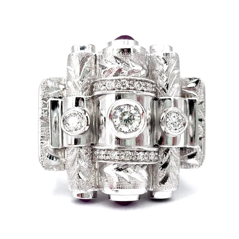 Sculptured Art Deco 60's Italian Ring set on 18.3gr of 18k Solid Gold on Diamonds and Rubies (1 of 5)