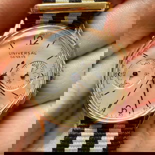 Super elegant and rare 18k Solid Gold Chrono Manual winding Universal Geneve Swiss watch: Super elegant and rare 18k Solid Gold Chrono Manual winding Universal Geneve Swiss watch The movement is not original but perfectly working and swiss made The watch comes as you can see thru the pictu