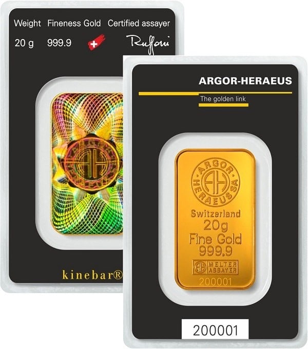 20gr 999.9 Pure Solid Gold Bar ARGOR-HERAEUS (1 of 1)