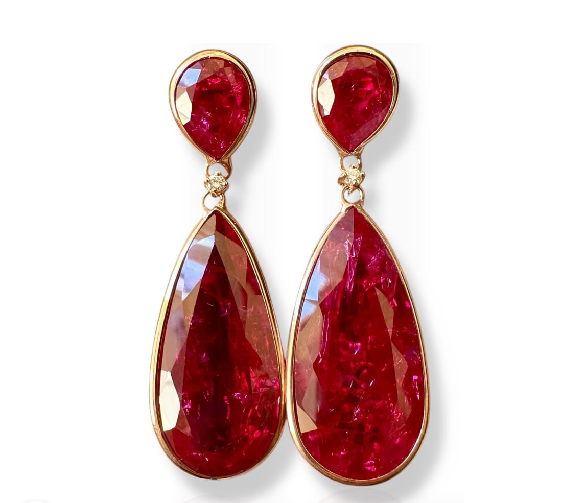 Wonderful 18k Solid Gold Earrings with Diamonds and Red Ruby Corindone (1 of 4)