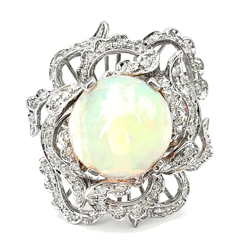 Rare ring made of 18k Solid White with a round cut 4.00 ct Cabochon Opal full of 0.50ct Diamonds (1 of 6)