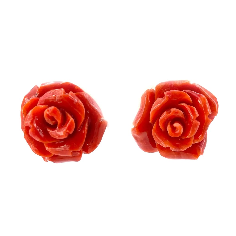 18k Solid Gold lobe Earrings with rose carvings of natural, first-choice red coral weighing 19.60gr (1 of 3)