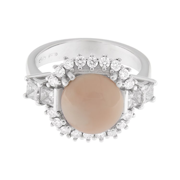 18k Solid White Gold Ring with an Angel Skin Coral, 0.54ct diamonds and 0.92ct Princess Cut Diamonds (1 of 4)