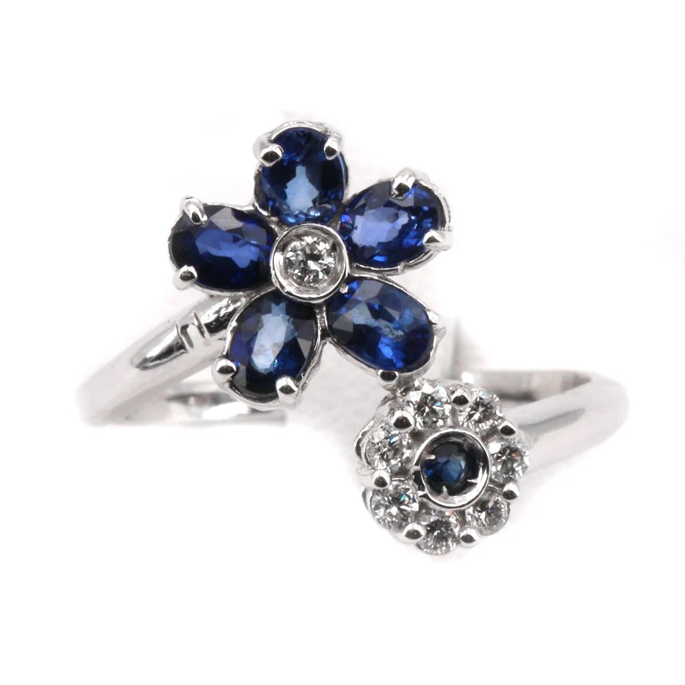 18K White Gold Twin Blossom Ring with 1.09ct Sapphires and 0.19ct Diamonds - 3.34gr (1 of 4)