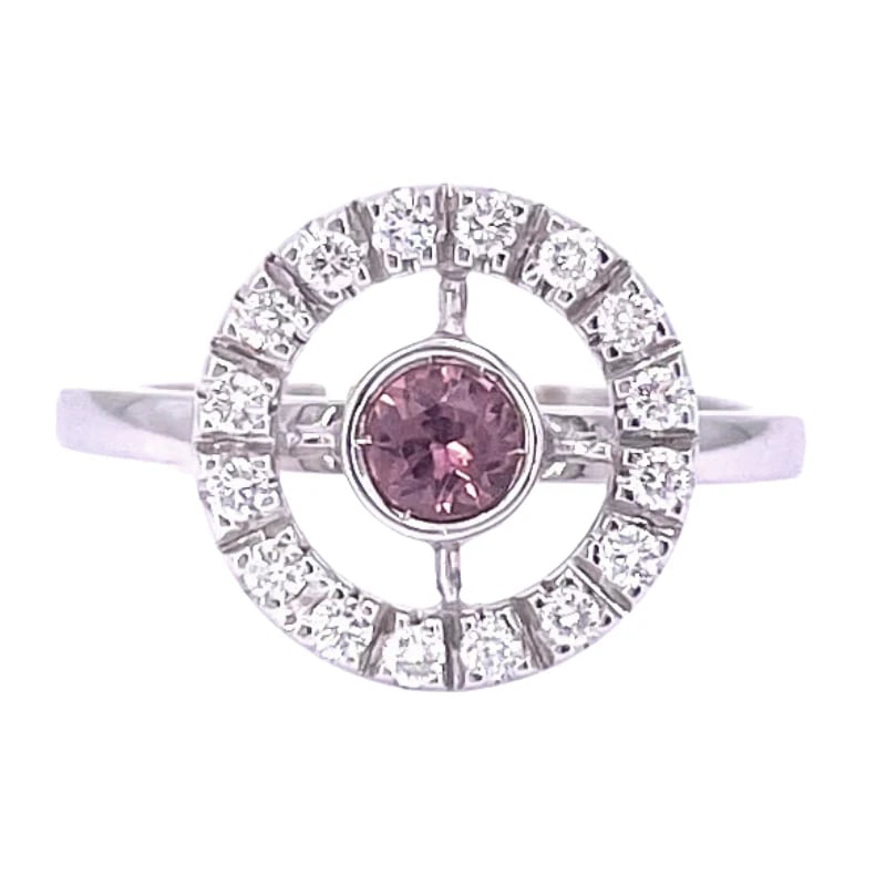 18K White Gold Ring with n. 1 Pink Tourmaline surronded by a 0.14ct diamond halo - 3.99gr. (1 of 7)
