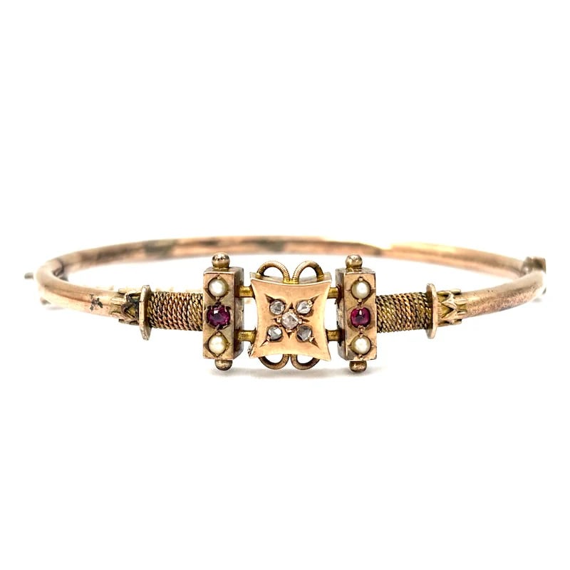 19th Century British 9K Gold Bangle with Microdiamonds, Microrubies, and Detailed Engravings - 7.57g (1 of 8)