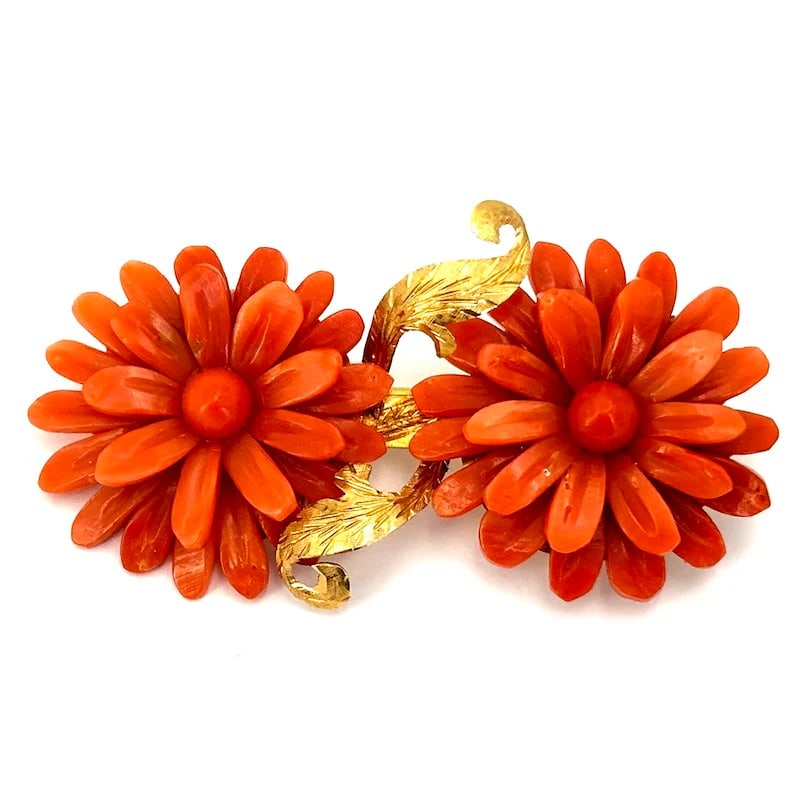 Retro 18kt Yellow Gold Coral Flower Brooch Artistic Handcrafted Design 15.11 gr (1 of 5)