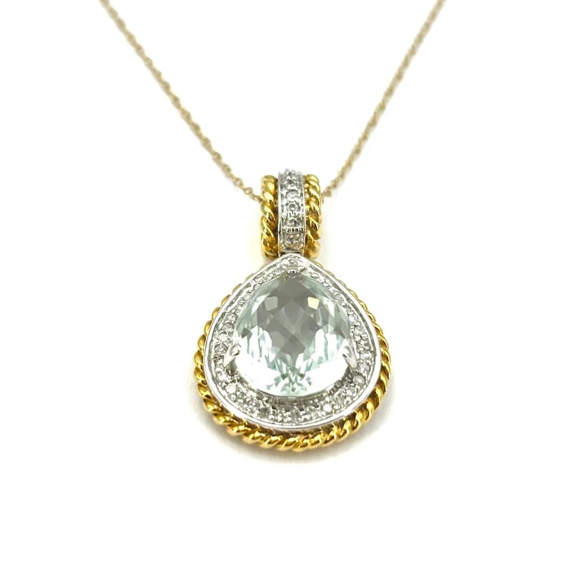 Stunning Bicolor White and Yellow Gold Chain Pendant with Aquamarine Drop and Diamonds - 4.95gr - 3