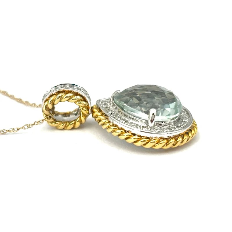 Stunning Bicolor White and Yellow Gold Chain Pendant with Aquamarine Drop and Diamonds - 4.95gr - 4