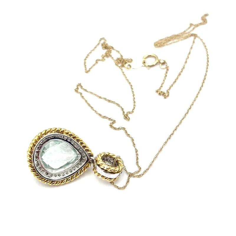 Stunning Bicolor White and Yellow Gold Chain Pendant with Aquamarine Drop and Diamonds - 4.95gr - 5