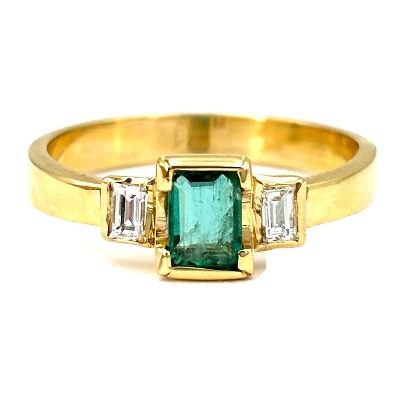 Refined 18kt Yellow Gold Retro Style Band Ring with n. 1 Emerald and Diamonds - weight 3.47gr (1 of 5)