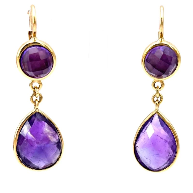 Sophisticated Retro-style Drop Earrings in 18kt Yellow Gold with Faceted Amethyst - Weight 8.70 gr (1 of 6)