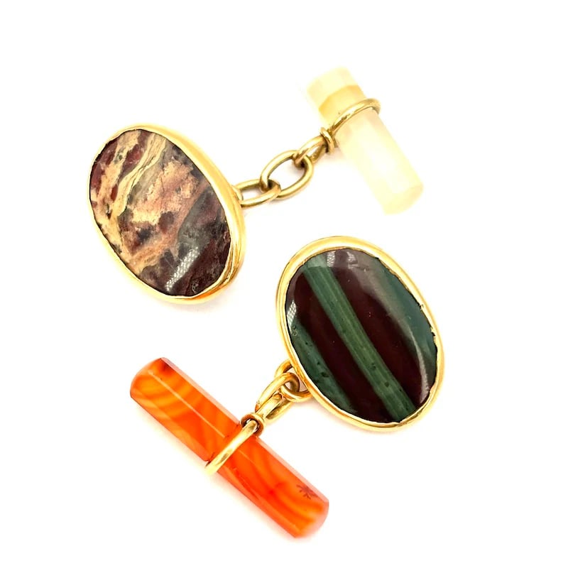 Distinctive Retro-Modern 18k Yellow Gold Cufflinks with Oval Cabochon Agate & Jasper - Weight 9.76gr (1 of 3)