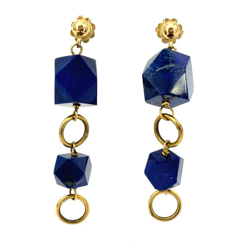 Innovative 18kt Yellow Gold Drop Earrings with Irregular Geometric Lapis Lazuli, Weighing 14.01gr (1 of 4)