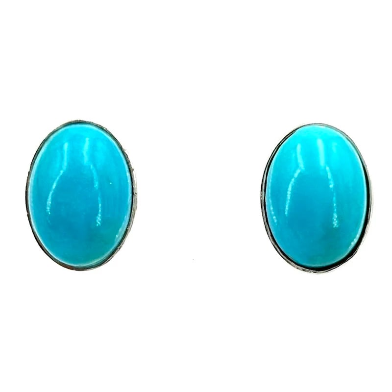 Vibrant Oval Turquoise Stud Earrings in 18kt White Gold with Secure Posts, Weighing 4.47gr (1 of 4)