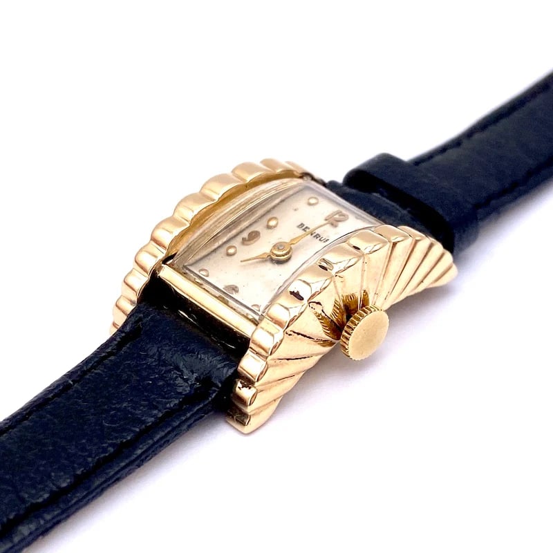 Vintage 1960s Benrus Watch with 14kt Yellow Gold Case and Black Leather Strap - Weight 16.44gr (1 of 6)