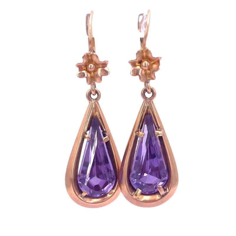 Retro -style 18k yellow gold drop earrings with synthetic purple amethyst - weight 7.47 gr (1 of 5)