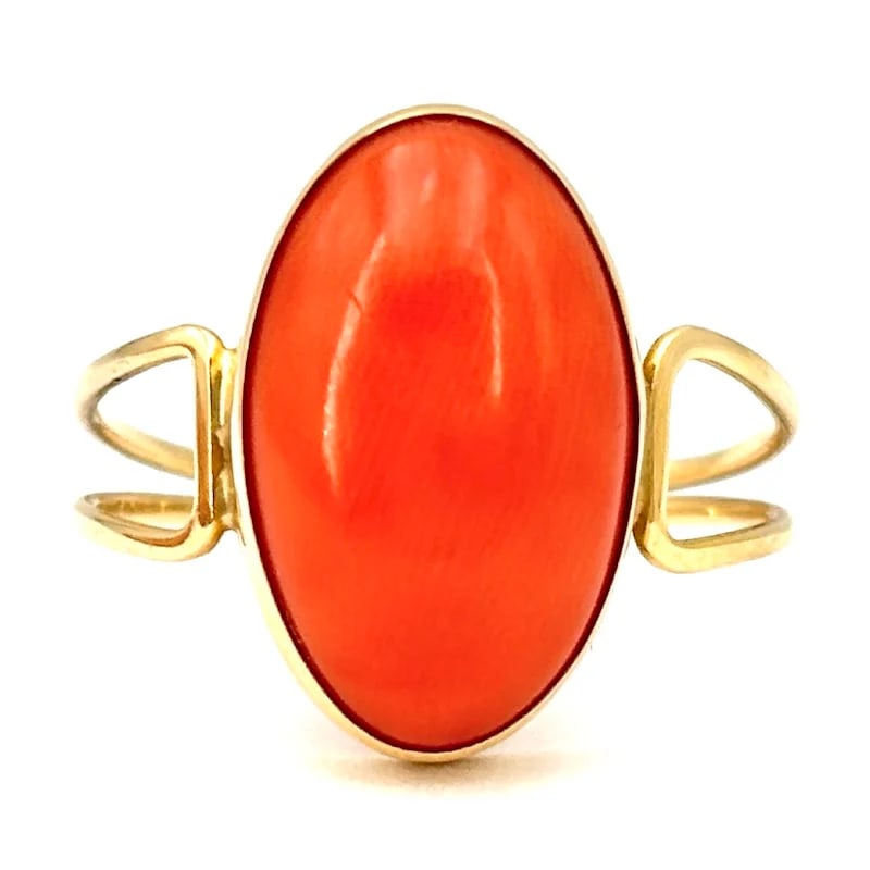 Elegant 18kt Yellow Gold Double-Band Ring with Natural Momo Coral Oval Cabochon - weight2.55gr (1 of 5)