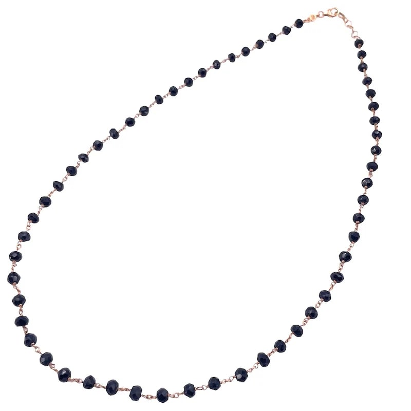 Refined Contemporary 18k Rose Gold Chain Necklace with Black Spinel Accents - Weight 7.66 gr: Refined contemporary choker-style necklace crafted entirely in 18k rose gold, rhythmically accented with small faceted black spinel rondelles. A sleek and fashion-forward jewel, perfect for everyday w