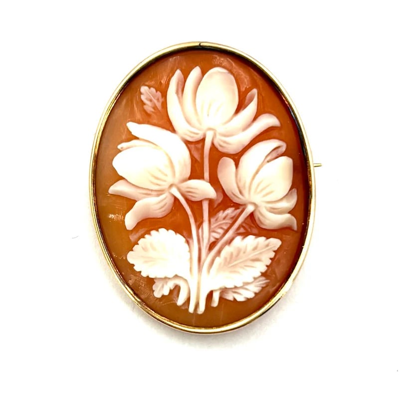 Retro-Style Hand-Carved Shell Botanical Motif Pendant-Brooch in 18k Yellow Gold - Weight 6.03 gr (1 of 4)